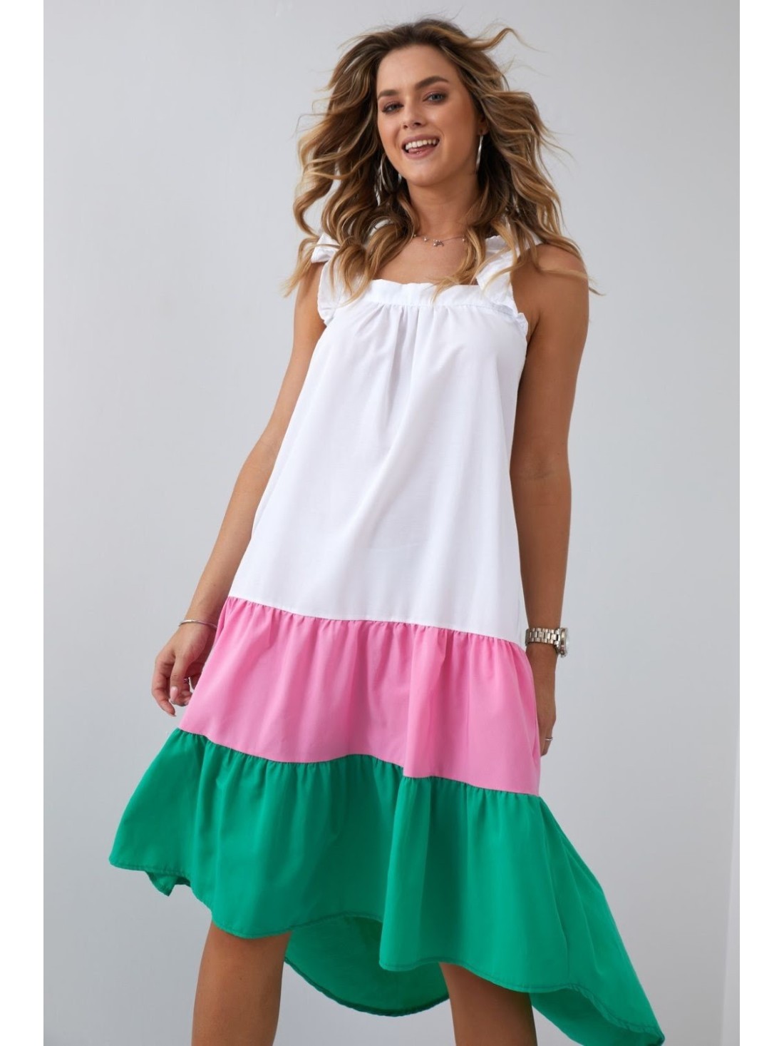 Asymmetric pink and green dress FG648